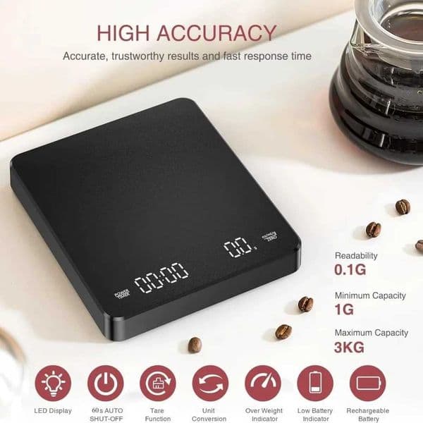 Digital Coffee Scales with Timer LCD Backlight Display 01g/3kg Rechargable Type-C Charging High Precision Measures in Oz/ml/gM251122