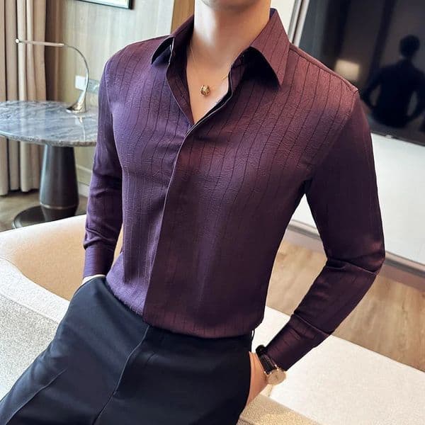 Korean pleated striped mens shirt high-quality long sleeved slim fit casual shirt formal social party evening dress 4XL-M 250420BJ