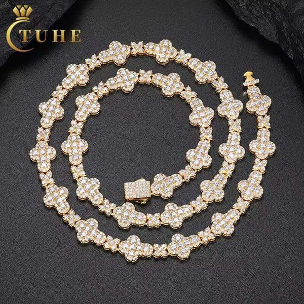 New Arrival Party Jewelry Full Iced Out Bling10mm Moissanite Four Leaf Clover Necklace Solid Silver 925 Fashion Cross Chain