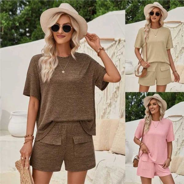 Womens 2-piece summer new womens top solid short sleeved T-shirt elastic waist shorts casual set womens clothingXJ250421