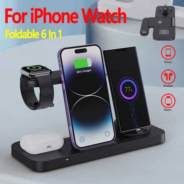 Foldable 6 In 1 Wireless Charger Stand For iPhone 15 14 13 12 11 X Watch 8 7 6 5 4 3 2 Airpods Fast Charging Dock Station Y251122