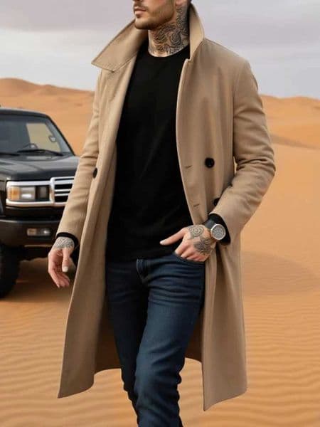 Winter Essential Trench Mens Wool Coat with Lined Thermal Fabric Classic Trench Style Solid Jacket Travel Ready M251122
