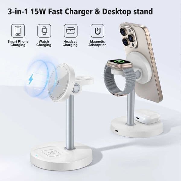 15W 3-in-1 Magnetic Wireless Charging Station Travel Fast Charger For iPhone 16 15 14 13 12 Watch 10-2 AirPods Pro Y251122