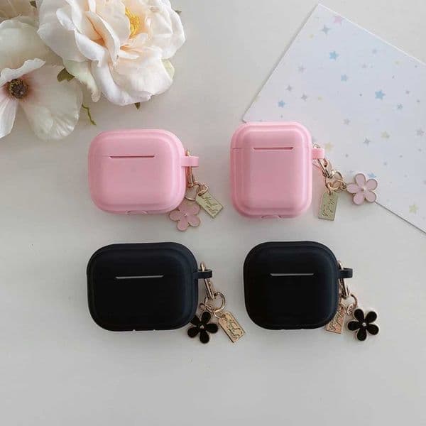 Simple Solid Color Black Pink Silicone Flower Pendant Case Cover for AirPods 1 or 2 3 4 AirPods Pro 2 Pro 3W251122