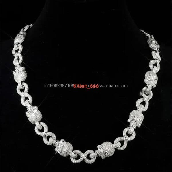 Iced Out Skull Cuban Link Chain 925 Sterling Silver with VVS Moissanite Diamond Hip Hop Punk Rock Statement Jewelry for Men