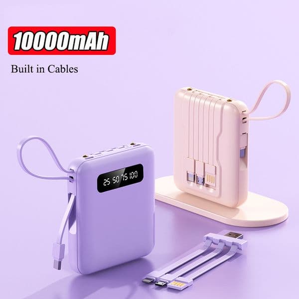 Power Bank 10000mAh Mini Powerbank Built in Cable LED Light Portable External Battery Charger For iPhone Xiaomi Huawei Poverbank