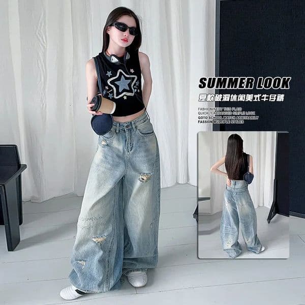 Summer teenage girls hole jeans cotton short star vest top wide leg pants clothing 4 10 12 14 childrens 250422
