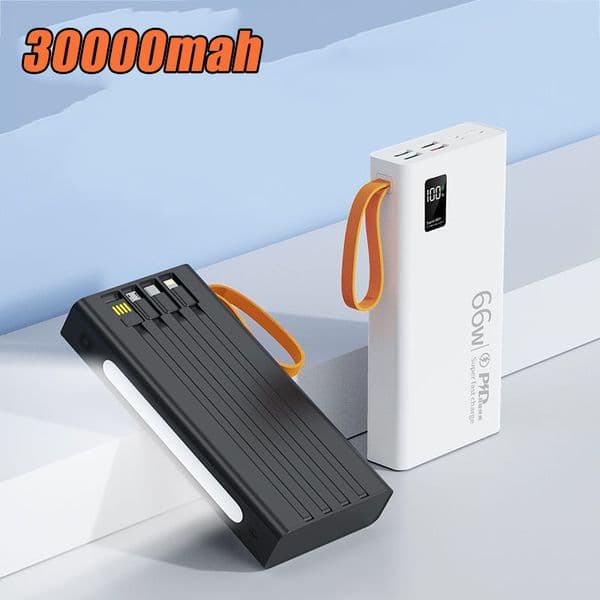30000mah Power Bank PD20W 66W Super Fast Charge For Huawei P40 Powerbank Built in Cables External Battery Pack For iPhone Xiaomi