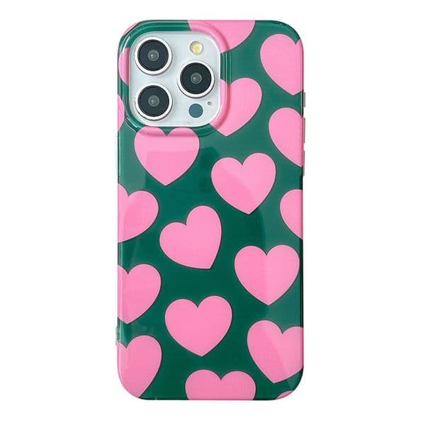 Green Background Full Screen Pink Heart Phone Case Compatible iPhone 16/15 Pro Max New Earthquake-proof Protective Case