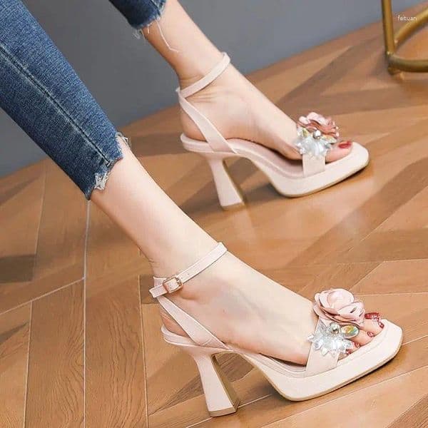 Sandals 2025 Open Toe High Heels Female Shoe Rhinestone Peep High-heeled Girls Square Stiletto Flower Pumps Floral Scandals