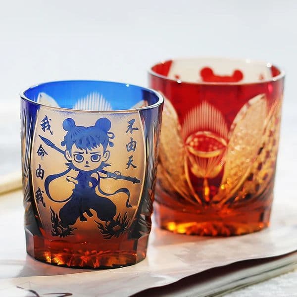Handmade China NeZha Whiskey Glass Drum Blue Red Gift Box 250422