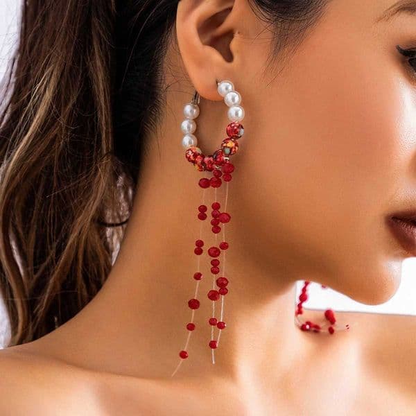 Salicon Halloween Blood Pattern Imitation Pearl Ring Earrings Fashion Red Pearl Long tassel Earrings Womens Gothic Role Playing JewelryXJ250421