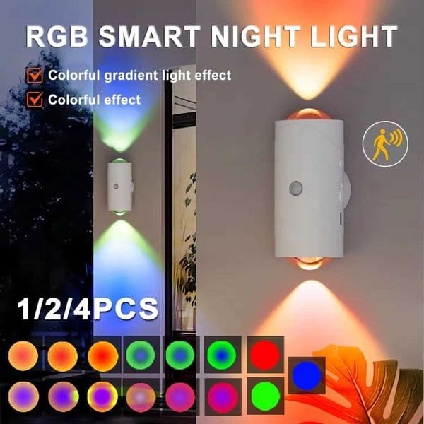 1/2/4 PCS Smart LED Night Light with Motion Sensor USB Rechargeable RGB Gradient Ambient Wall Lamp for Bedroom Desk Closet DecorW251122