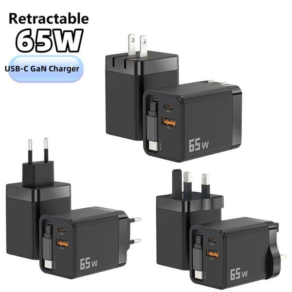 65W GaN Charger with Retractable Cable PD Fast Charging for Laptop Macbook iPhone 16 15 14 Xiaomi Type-C Phone Charger