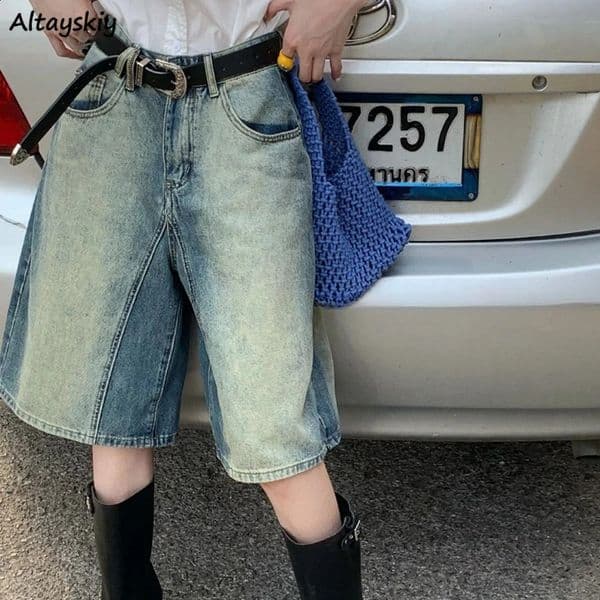 Blue retro shorts womens washed denim high waisted straight American streetwear cool unisex 3XL summer Y2K loose casual 250420BJ