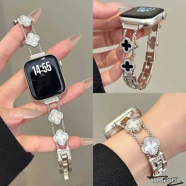 Apple Watch Mm Metal Strap With Diamond Four Leaf Bracelet Stylish Iwatch Replacement Band For Women H11.21 Ddmyhome