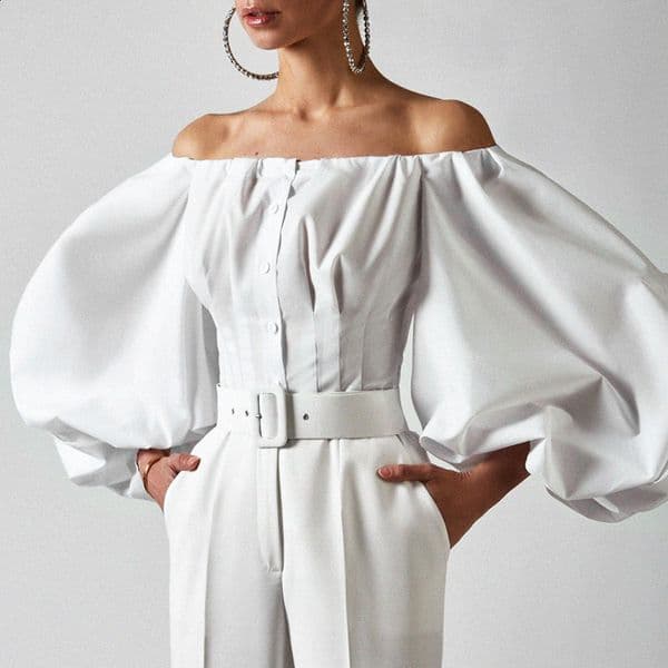 2022 Spring/Summer New Design Sense Long Sleeve Bubble Lantern Sleeve Leakage Shoulder Womens Shirt Top 210422