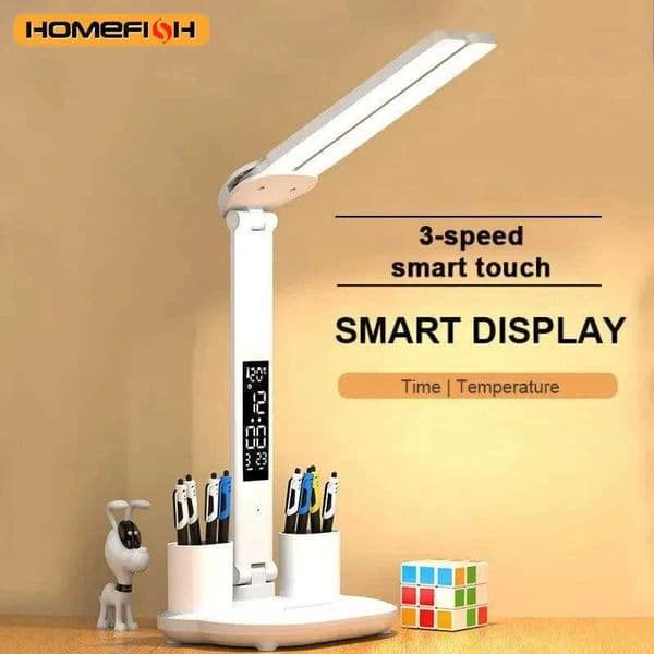 LED Clock Table Lamp USB Chargeable Dimmable Desk Lamps 2 Heads 180 Rotate Foldable Eye Protection Desktop Reading Night Lights Z250618