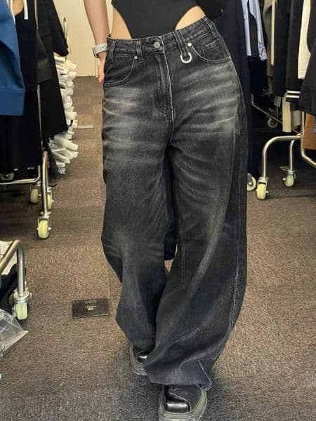 HOUZHOU Retro Black Wide Leg Jeans Womens Extra Large Street Korean Fashion Bag Denim Trouser Grunge Y2k Womens Hip Hop 250422