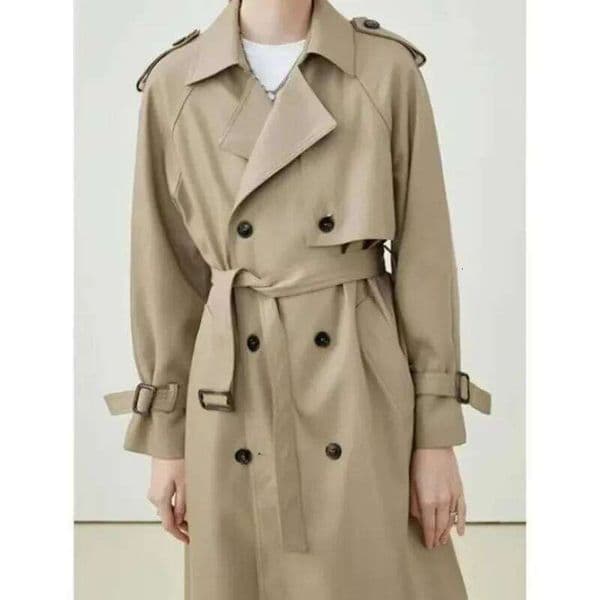 Women's Wear Fashionable Khaki Women's Coat Spring Autumn Midi Length Drapey Casual Trendy Windbreaker V-Neck Full Sleeve Solid Color