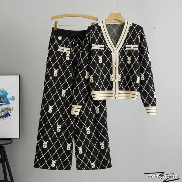 Color Block Cardigan Sweater Sets For Women Autumn Knit V Neck Jacket With High Waisted Wide Leg Pants Two Piece Outfit H11.21 Ddmyhome