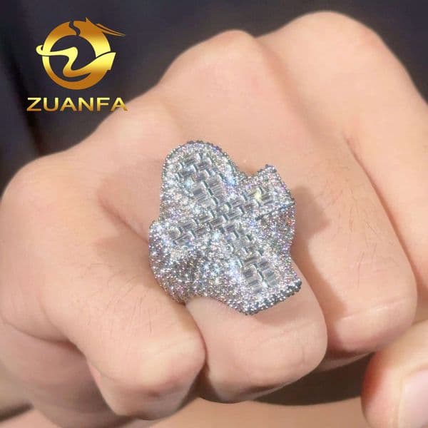 Zuanfa Jewelry Hot Selling Hip Hop Ring Cross Full Pave Moissanite 925 Sterling Silver Ice Out Moissanite Men Diamond Ring