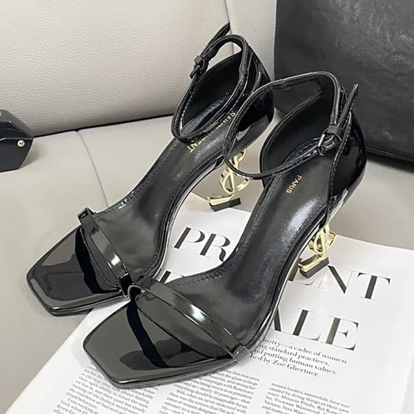 designer heels fashion metal letter heels genuine leather personality black patent leather temperament square toe exposed toe straight strap heels 10cm 8cm heels