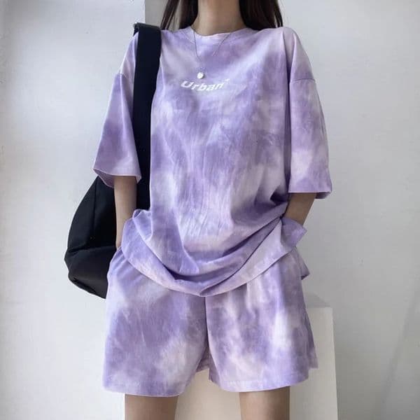 Womens T-shirt and shorts set casual tie dye loose T-shirt wide leg short sleeved shirt with pockets womens soft summer shorts set 250422