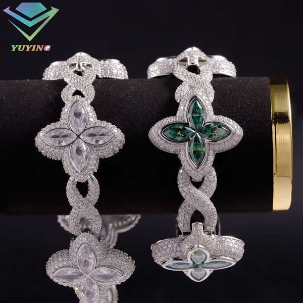 Jewelry Clover Green Diamond 925 Sterling Silver Gold Plated Cuban VVS Moissanite Bracelet with GRA Certificate