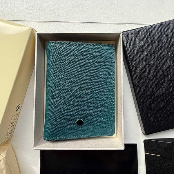 Business card holder Wallet Blue Genuine Leather Men's Wallet Credit Card Euro USD Pocket Coin Purse Button Card Slot Women's Wallet Handbag with Box