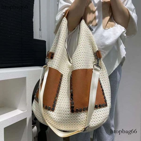 Luxurious White Foldable Tote Bag Spacious Interior Removable Strap Nylon Mesh Hollow Out Design Leather Patchwork Polyester Lined Zip Closure Guangzhou