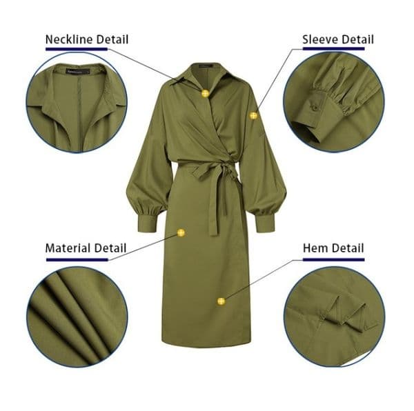 (1008) New Solid Color Belted Elegant Lantern Long Sleeve Loose Wrap Dress