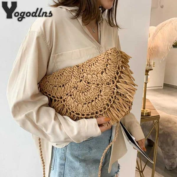 Summer tassel grass bag womens paper rope hook hand woven casual handbag beach travel girl cross body flip bagW250420