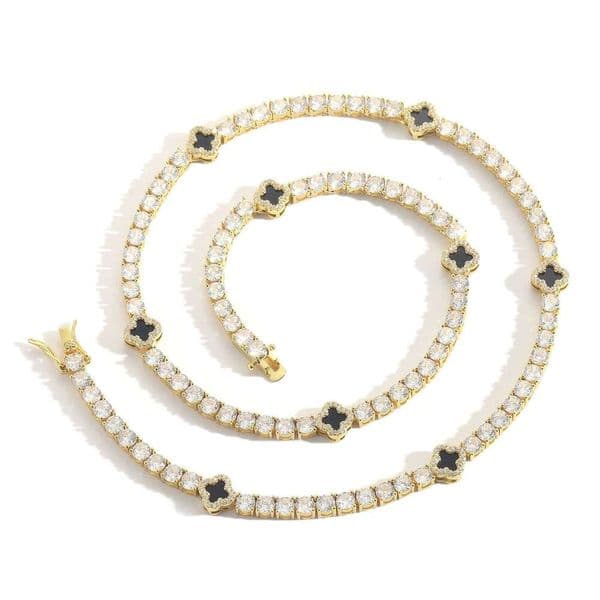 VVS Moissanite Men's Luxury Clover Tennis Chain Necklace with Iced Round Cut Stones, Black Green and Blue Enamel Design vvvvvs