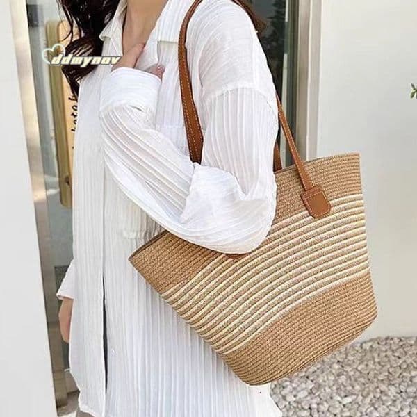 Grass bag for women, summer handbag, beach tote large capacity shoulder rattan woven grass bucket bag, trendy #ddmynov