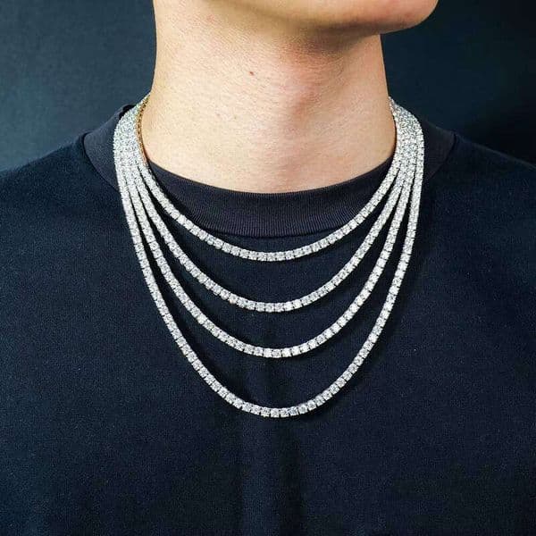 Loose Men's Pure Sier 4mm Iced Vvs Round Lab-Grown Mossanite Tennis Chain Necklace