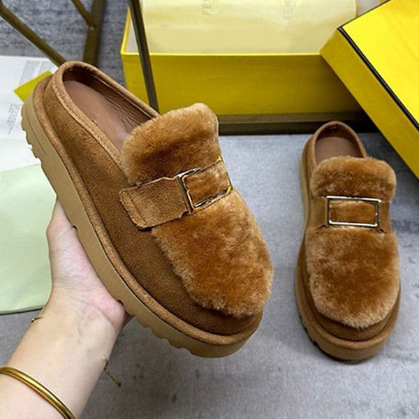 Designer Womens Mens Winter Suede Mules Shoes Round Headed Mule Shoes Classic Jacquard Pattern Comfortable Soft