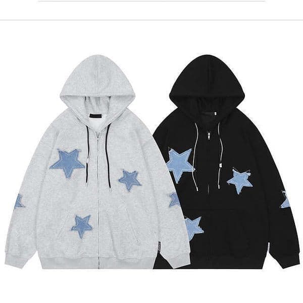 Cross-Border American Retro Star Patch Hooded Sweatshirt Autumn Winter Fleece Loose Casual Couple Cardigan Jacket