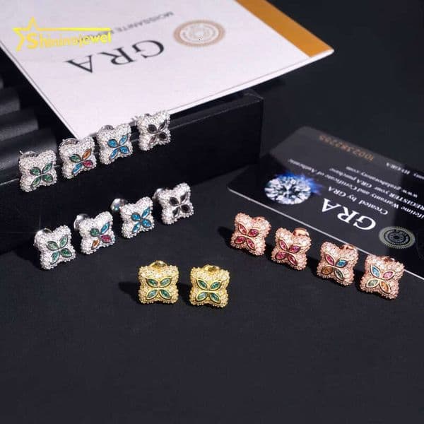 New Arrival Custom Hip-Hop Men's Ice-Cold 925 Silver Clover Flower Multicolor Marquise 15MM Millimeter VVS Moissanite Earrings