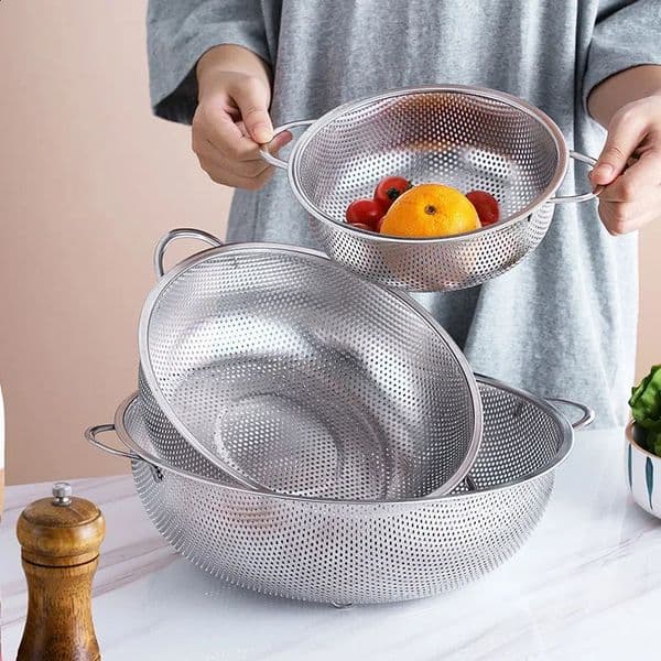 Stainless Steel Drain Basket Colander Fruit Rice Vegetable Washing Basket Strainer Drainer with Handle Kitchen Storage Tools 250421