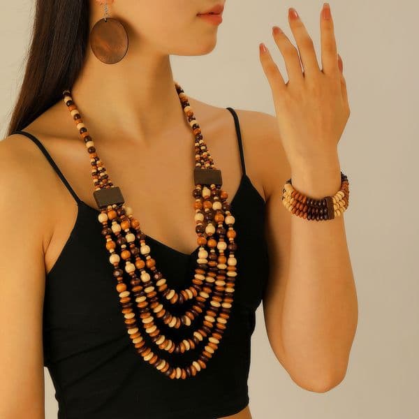 Ethnic Style Wooden Beads Multi-Layer Beaded Bracelet Earrings Necklace Set Bohemian Long Sweater Chain
