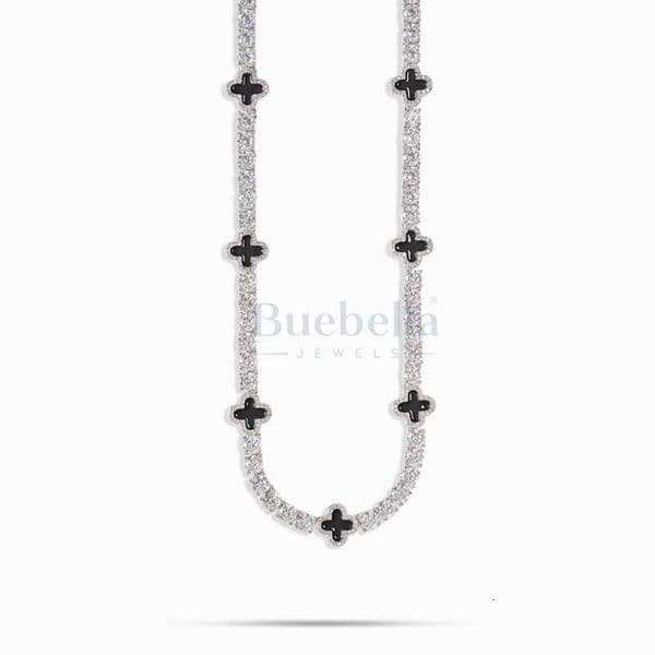 14k White Gold Plated 925 Silver Exquisite 12mm Miami Cuban Necklace Black Clover Tennis Chain VVS Moissanite Jewelry