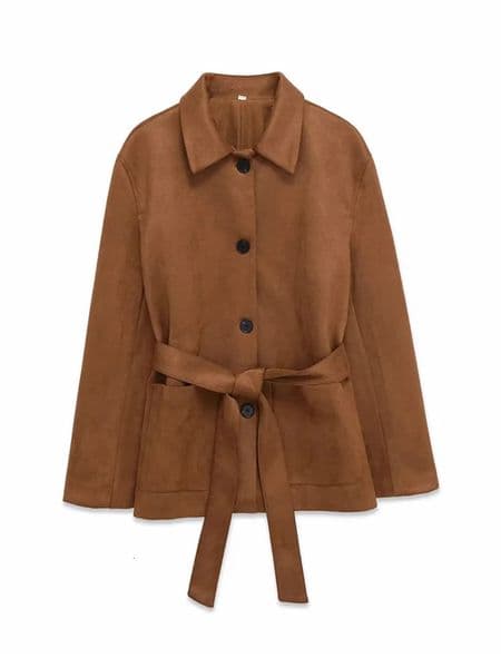 Womens Faux Suede Jacket Coat with Belt Long Sleeve Front Pocket Chic Outerwear Female Tops 251121