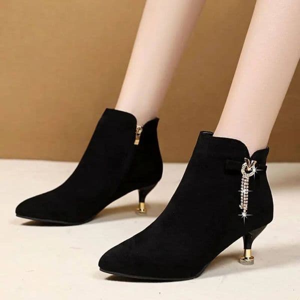 Ddmysports Black Pointed Toe Autumn Winter Woman Short Shoes Rhinestone Elegant With Medium Heels Ankle Boots For Women Goth Sale Booties Outdoor Shoes