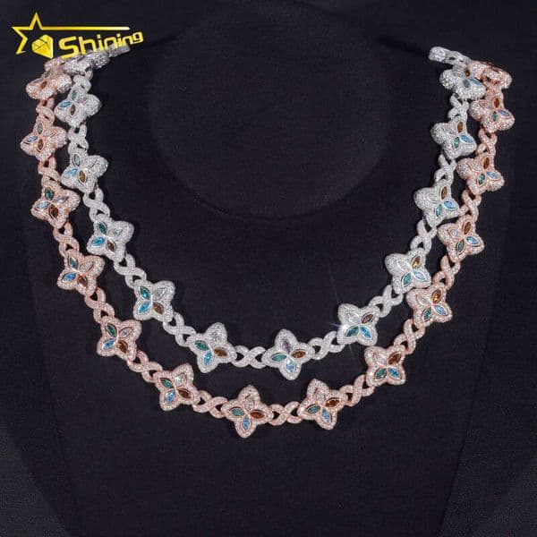 Top Quality New Product 15mm 925 Sterling Silver Hip Hop Jewelry Iced Out Cuban Chain Colorful VVS Moissanite Necklace