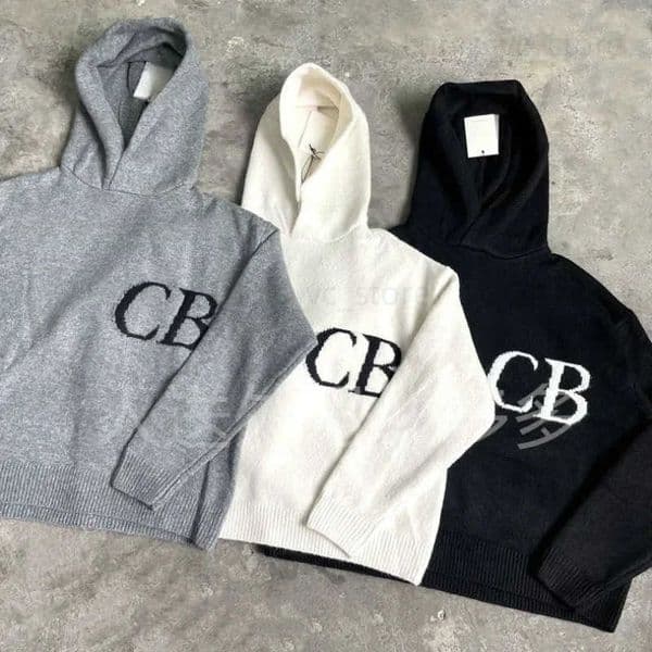 25ss Jacquard CB White Knitted Hooded Sweaters Oversized Casual Mens Knit Hoodie Best Quty Grey Womens Wool Sweaters T251124
