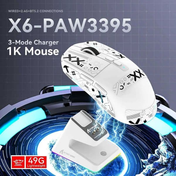 ATTACK SHARK X6 Lightweight Wireless Gaming Mouse with RGB Backlight Charging BaseTri-Mode26K DPI PAW3395 Optical SensorM251124