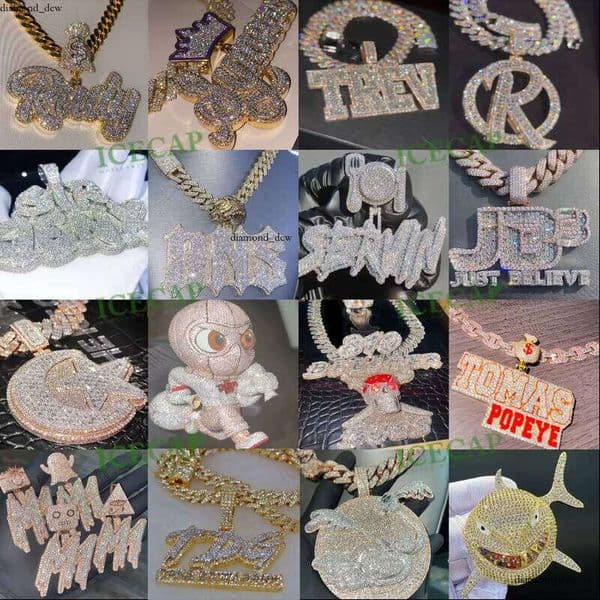 Ice out VVS Moissanite Icy Jewelry Letter Long Stick Bread 925 Silver Chrysolite Moissanite Cuban Chain Custom Pendant