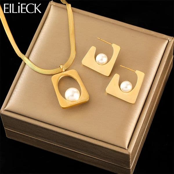 EILIECK 316L Stainless Steel Geometric Pearl Necklace Earrings Trendy For Women Party Gift Gold Color Waterproof Jewelry Set 251114