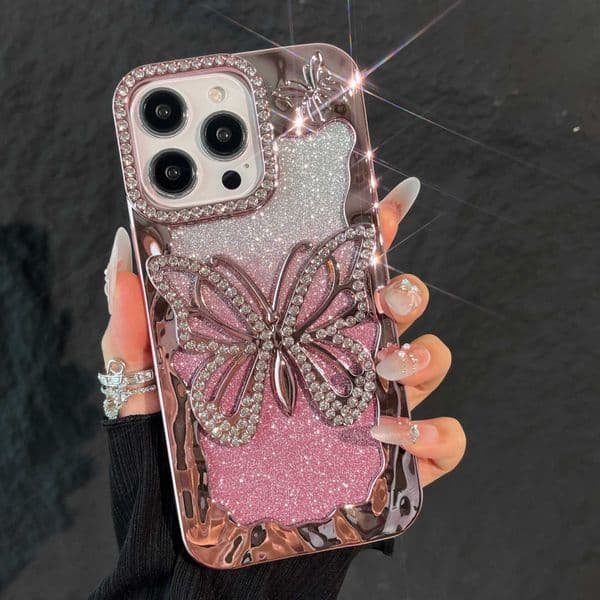 Gradient Glitter Hollow Large Butterfly Phone Case Compatible with iPhone 17 Pro Max New Soft Electroplated Case iPhone 16/15